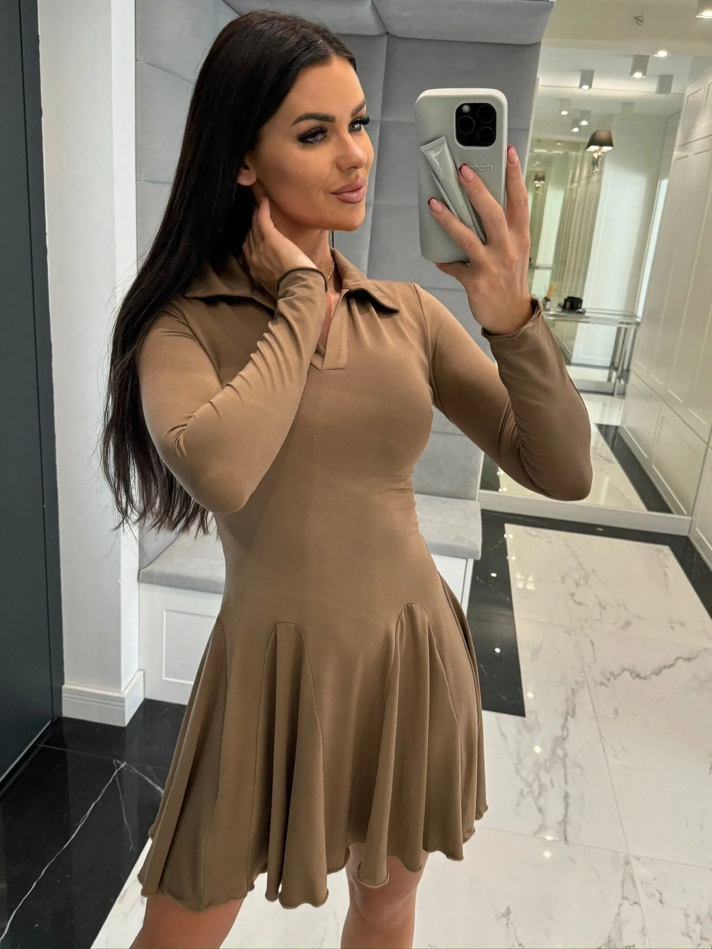 Classic Long Sleeve Turndown Collar Ruffle Hem Skater Dress