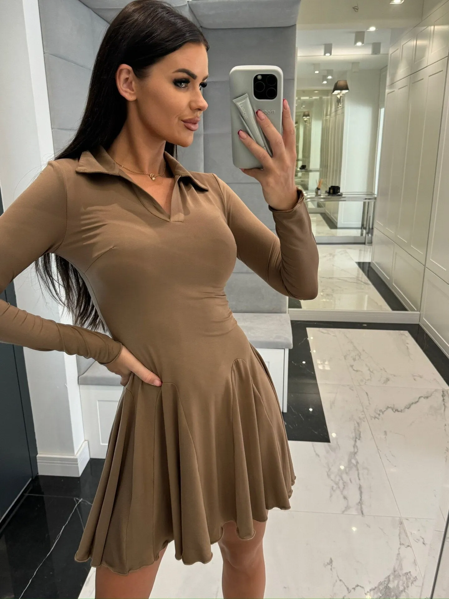 Classic Long Sleeve Turndown Collar Ruffle Hem Skater Dress
