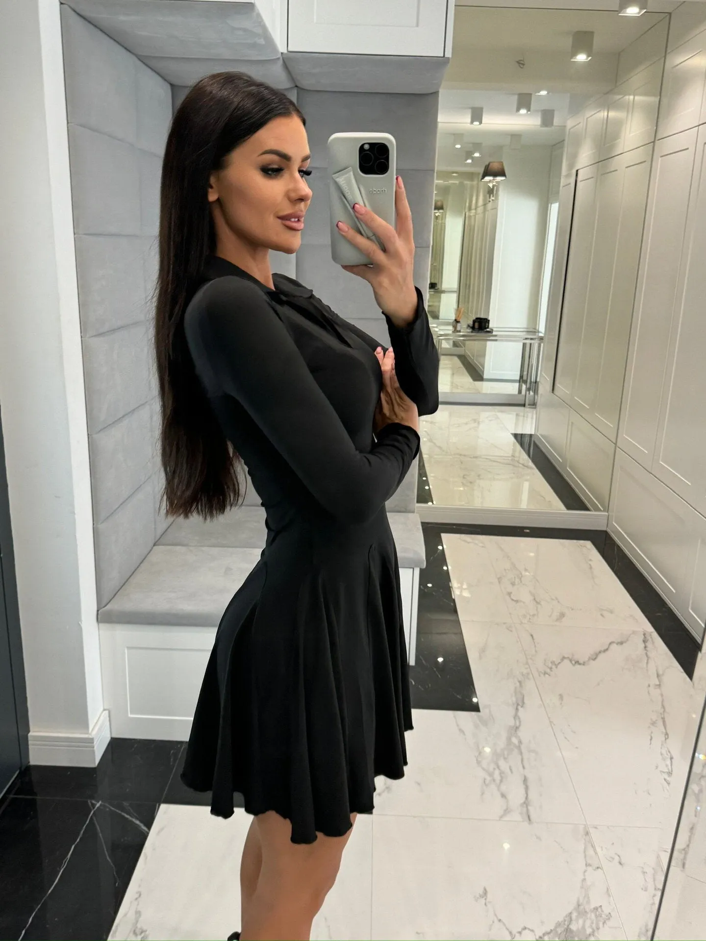 Classic Long Sleeve Turndown Collar Ruffle Hem Skater Dress