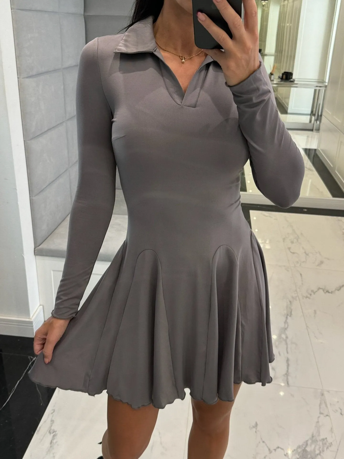 Classic Long Sleeve Turndown Collar Ruffle Hem Skater Dress