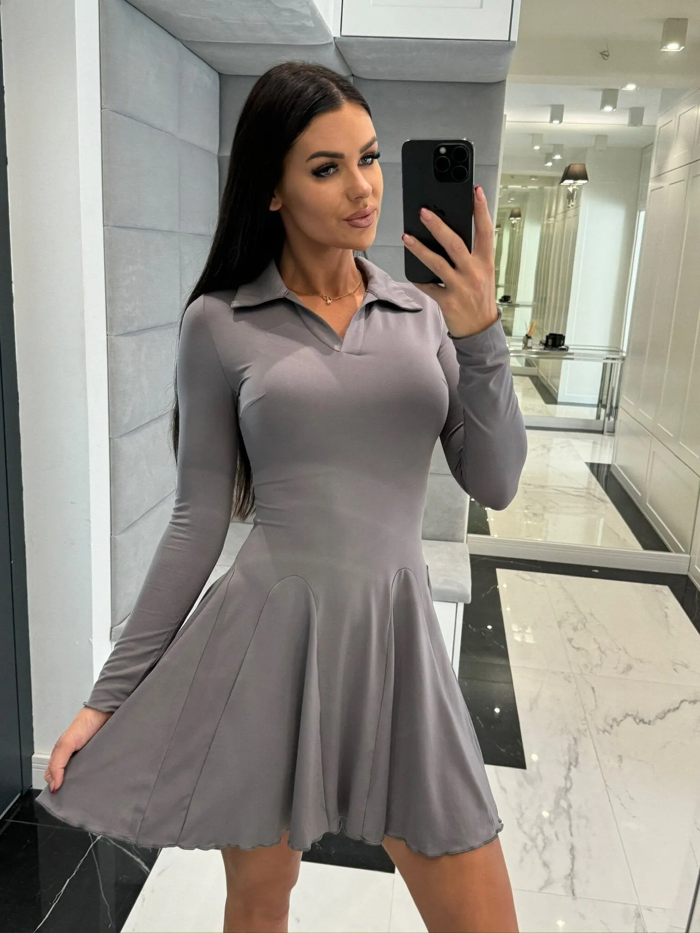 Classic Long Sleeve Turndown Collar Ruffle Hem Skater Dress