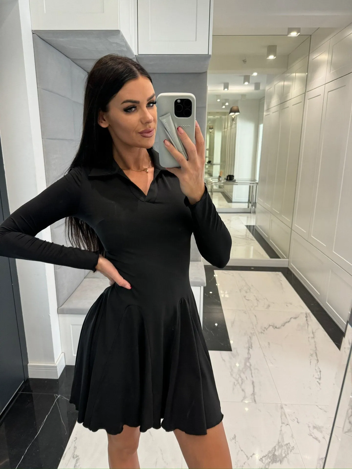 Classic Long Sleeve Turndown Collar Ruffle Hem Skater Dress