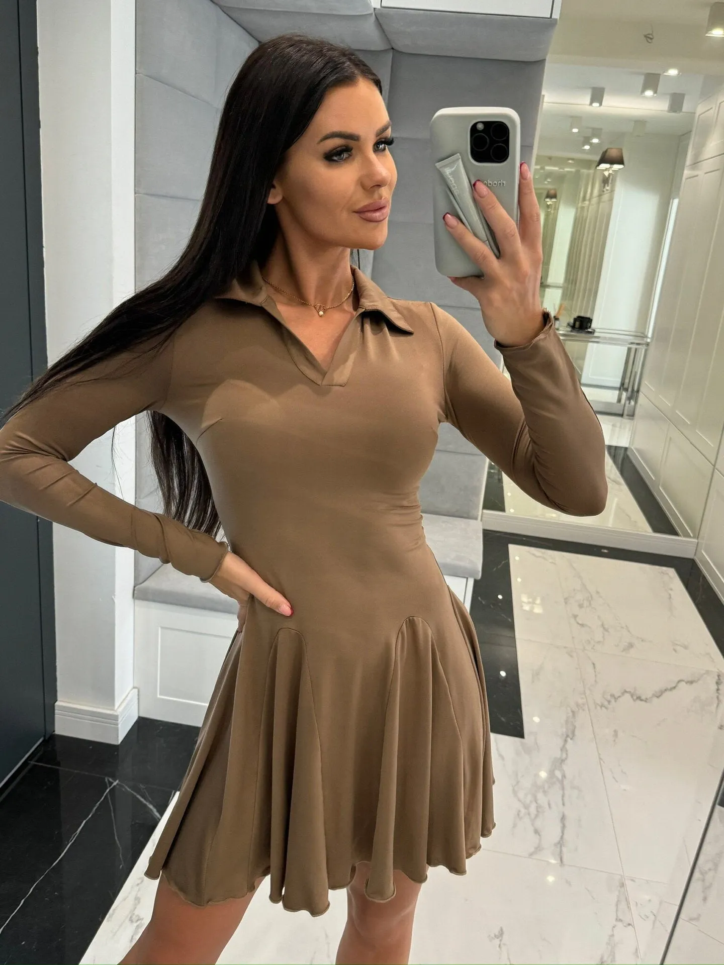 Classic Long Sleeve Turndown Collar Ruffle Hem Skater Dress