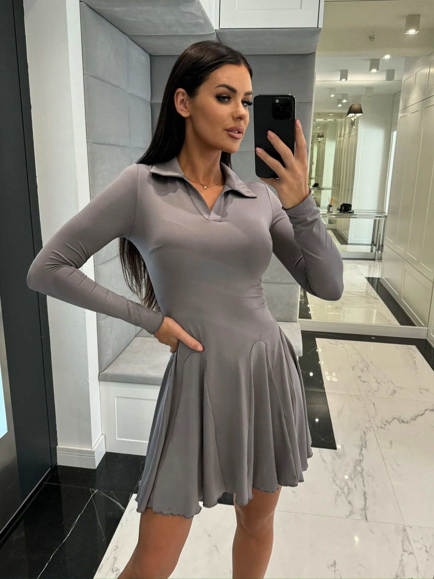 Classic Long Sleeve Turndown Collar Ruffle Hem Skater Dress