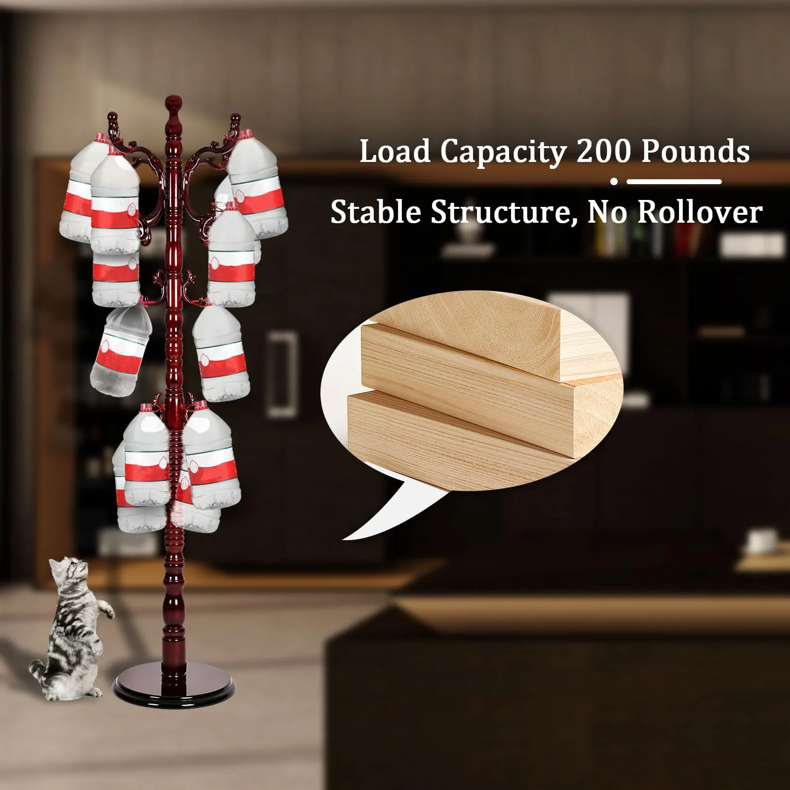 Coat Racks Free Standing with 14 Hooks, Natural Wood Coat Rack with Solid Round Base, Adjustable Height Coat Racks, Easy Assembly for Hallway, Bedroom and Office (Reddish brown)