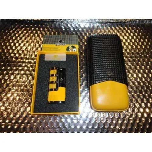 Cohiba Black & Gold Leather Cigar Case with Cohiba Pocket Lighter new in boxes