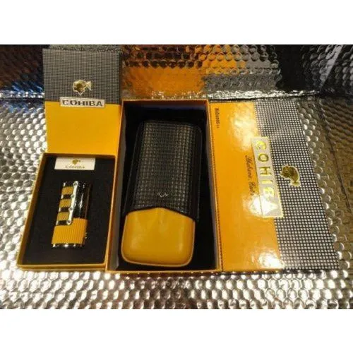 Cohiba Black & Gold Leather Cigar Case with Cohiba Pocket Lighter new in boxes