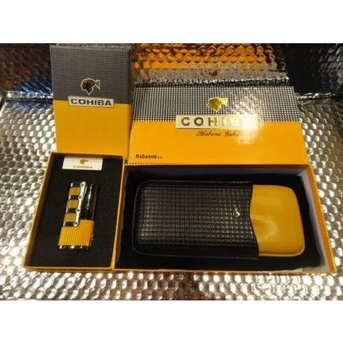 Cohiba Black & Gold Leather Cigar Case with Cohiba Pocket Lighter new in boxes
