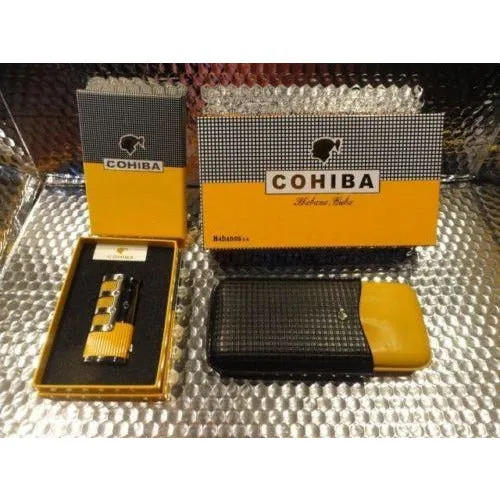 Cohiba Black & Gold Leather Cigar Case with Cohiba Pocket Lighter new in boxes