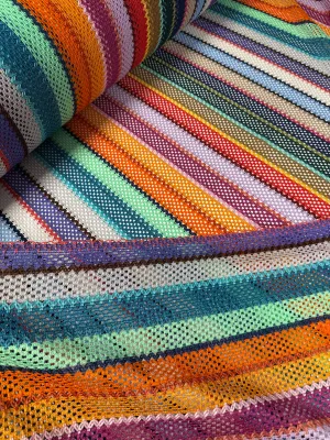 Colorful Knit Mesh Fabric with Striped Pattern – Vibrant and Textured Textile Design