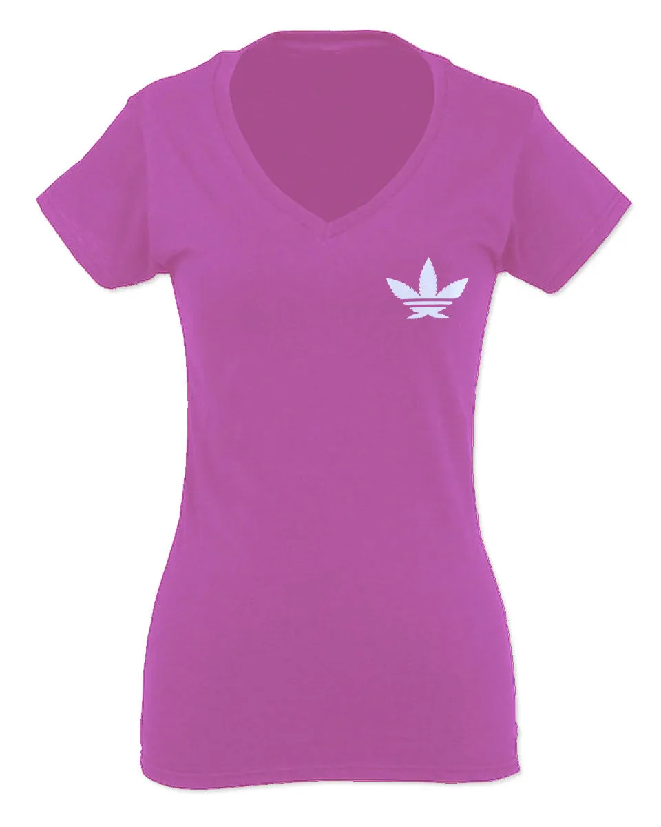 Cool Marijuana Weed Leaf Stoner Day Front and Back For Women V neck fitted T Shirt