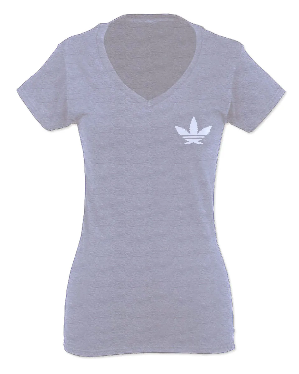 Cool Marijuana Weed Leaf Stoner Day Front and Back For Women V neck fitted T Shirt