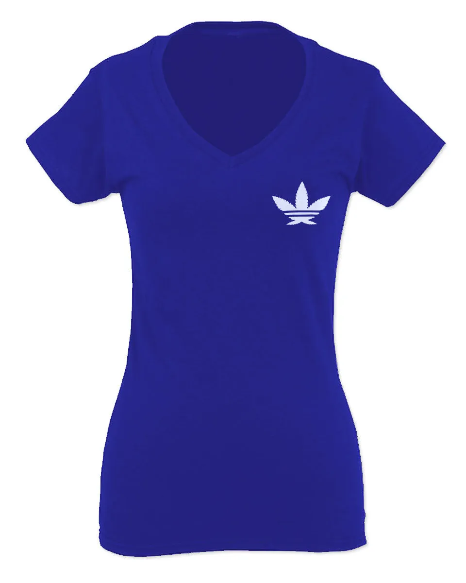 Cool Marijuana Weed Leaf Stoner Day Front and Back For Women V neck fitted T Shirt