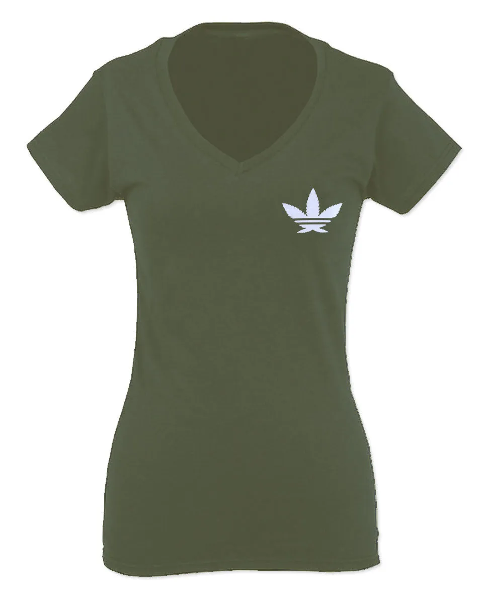 Cool Marijuana Weed Leaf Stoner Day Front and Back For Women V neck fitted T Shirt