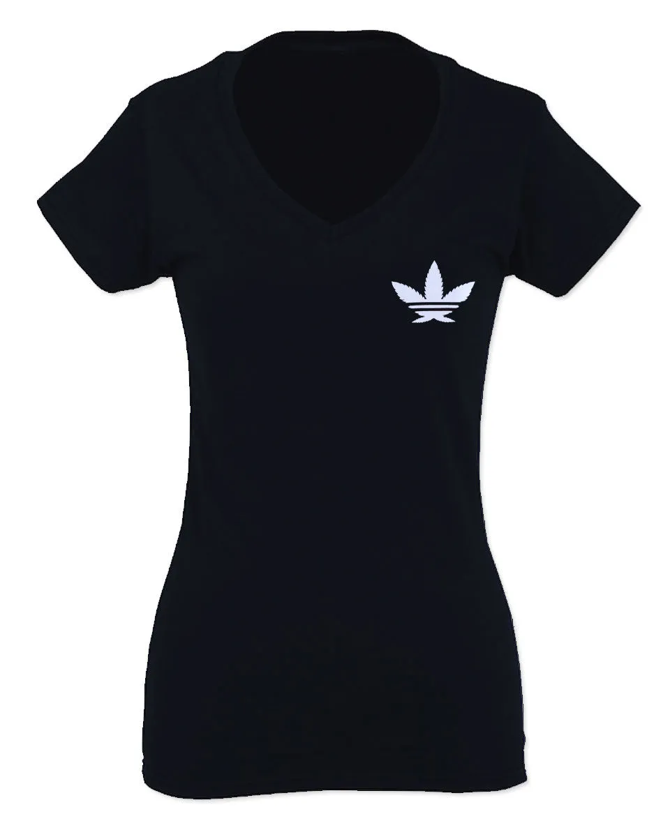 Cool Marijuana Weed Leaf Stoner Day Front and Back For Women V neck fitted T Shirt