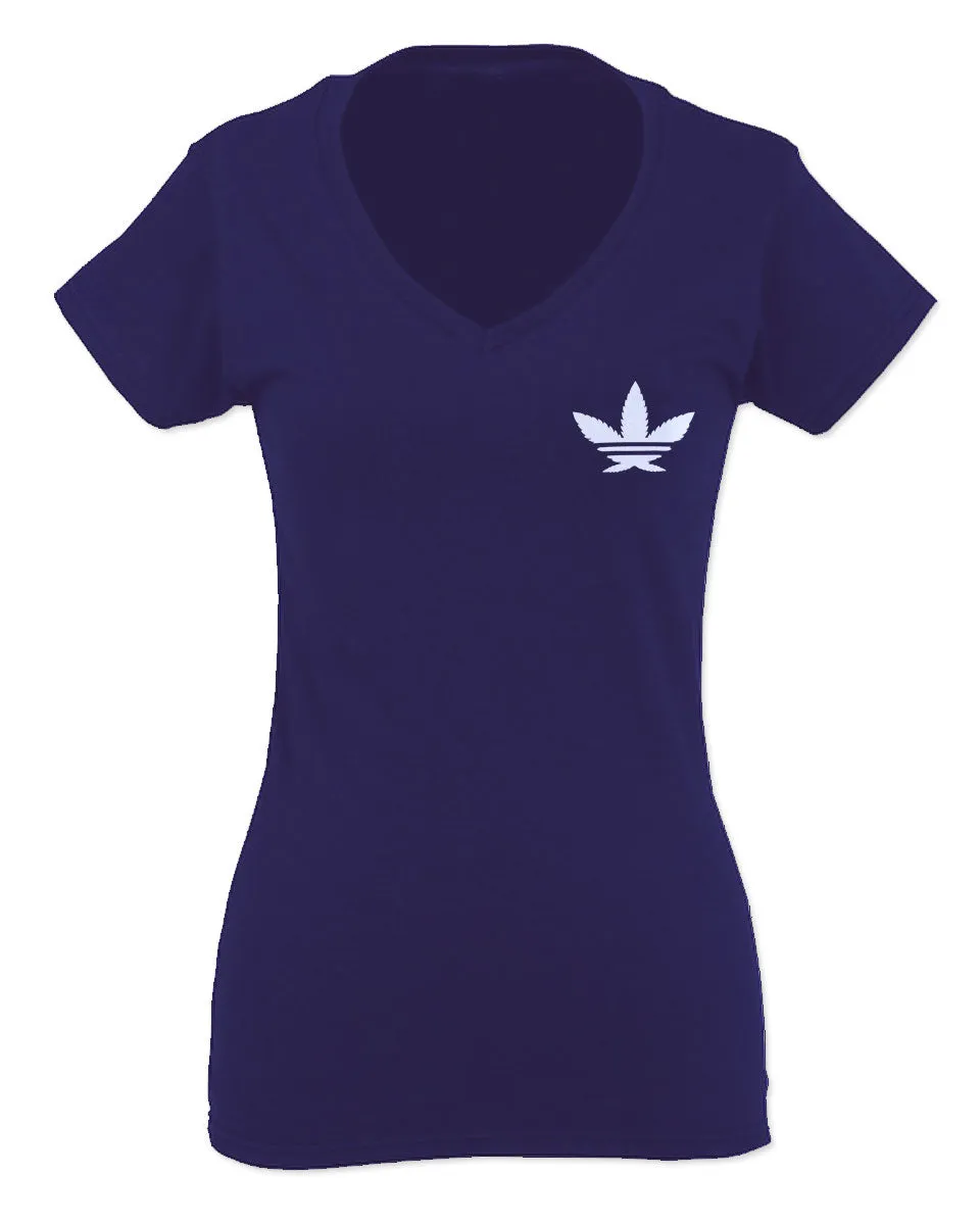 Cool Marijuana Weed Leaf Stoner Day Front and Back For Women V neck fitted T Shirt