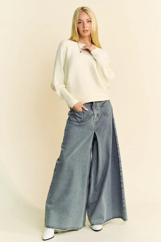 Cream Color Round Neck Batwing Sleeve Sweater