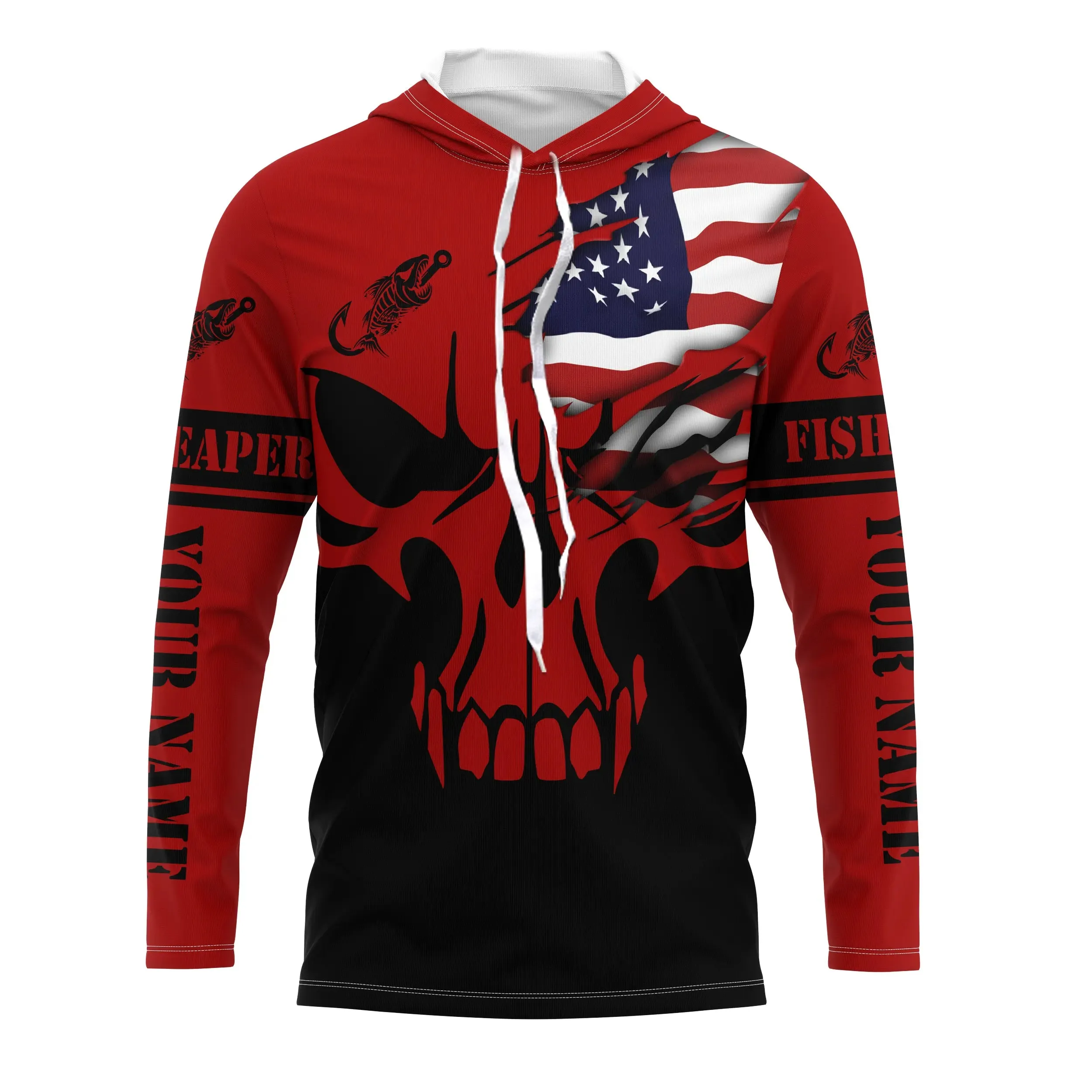 Custom American flag fishing fish reaper skull red and black Fishing Jerseys| Long sleeve shirts NQS4836