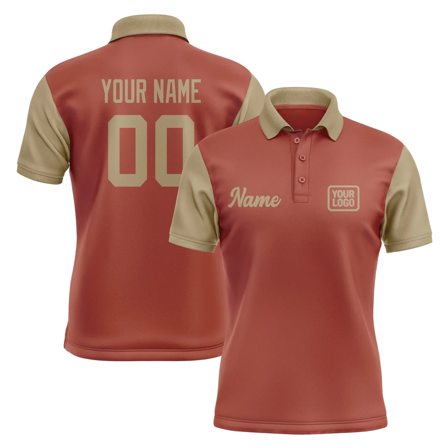 Custom Coral Red Light Khaki Short-Sleeve Polo Shirt