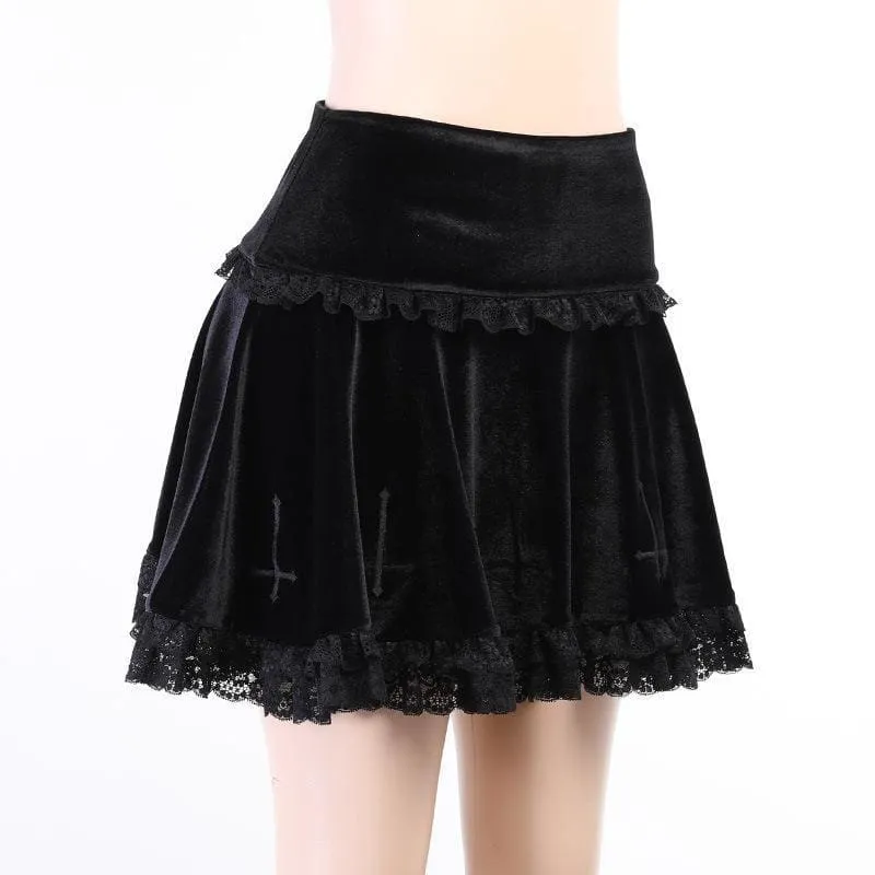 Cute Punk Cross Embroidery Lace Velvet Black Dress EE0912