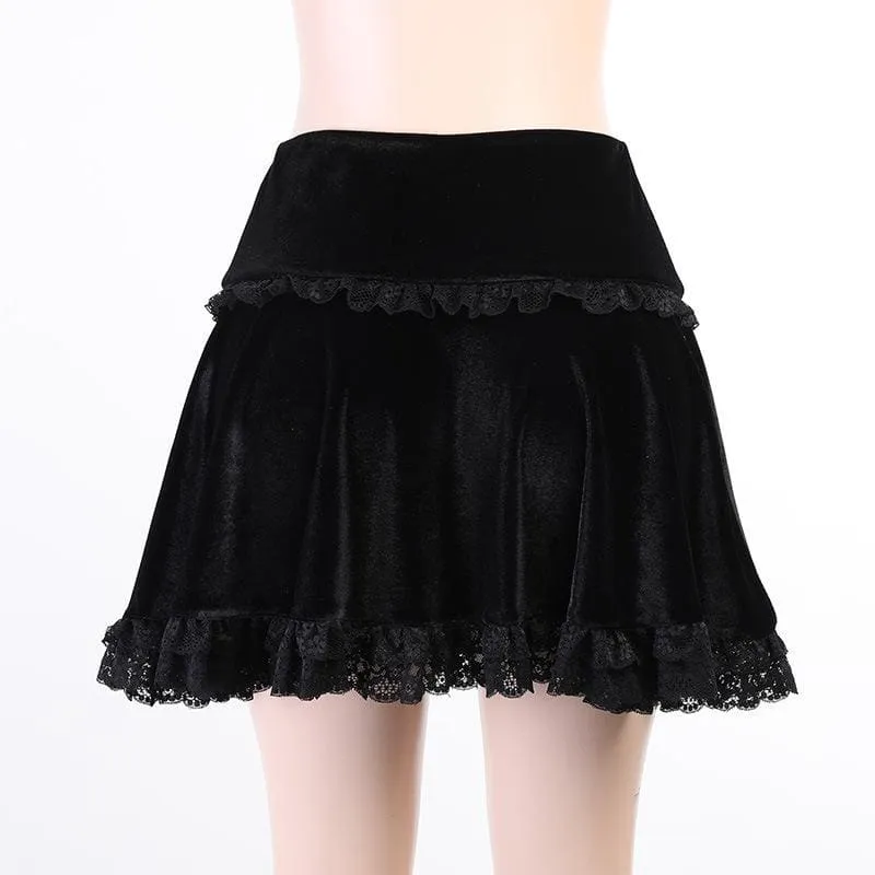 Cute Punk Cross Embroidery Lace Velvet Black Dress EE0912