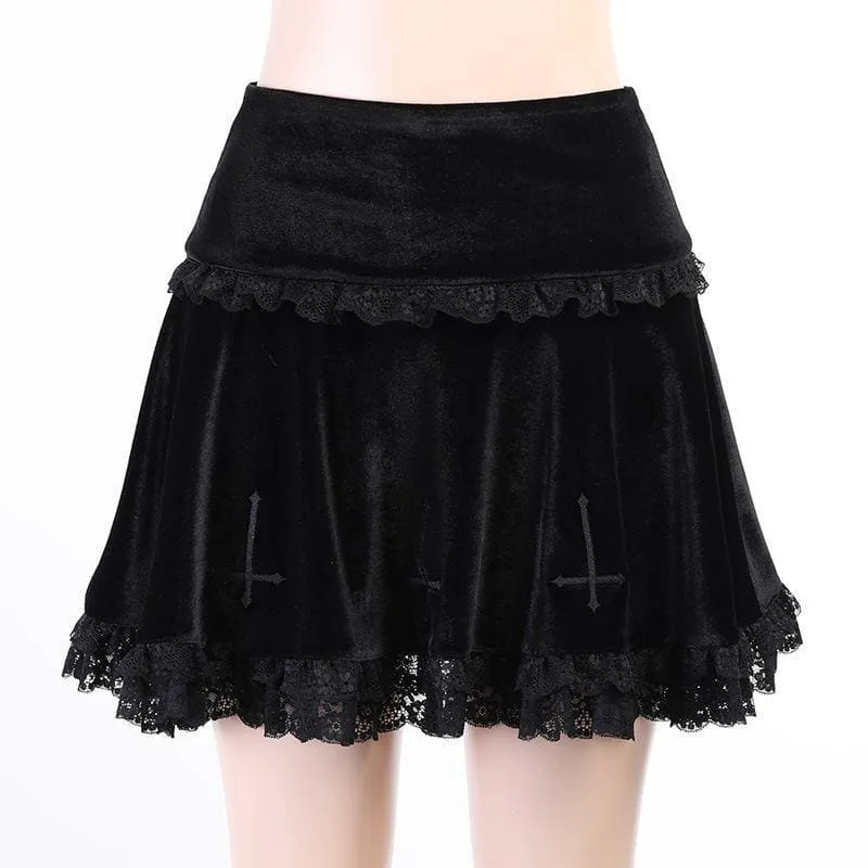 Cute Punk Cross Embroidery Lace Velvet Black Dress EE0912