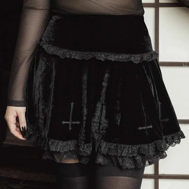 Cute Punk Cross Embroidery Lace Velvet Black Dress EE0912