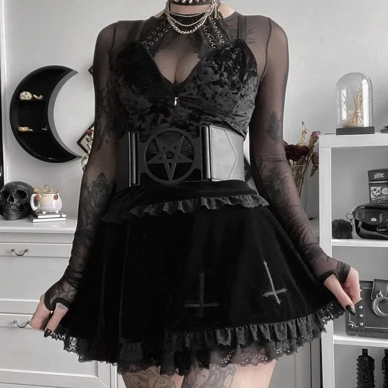 Cute Punk Cross Embroidery Lace Velvet Black Dress EE0912