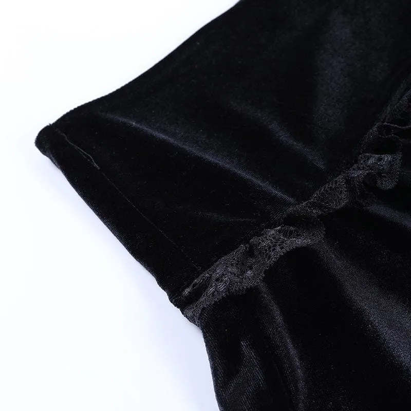 Cute Punk Cross Embroidery Lace Velvet Black Dress EE0912