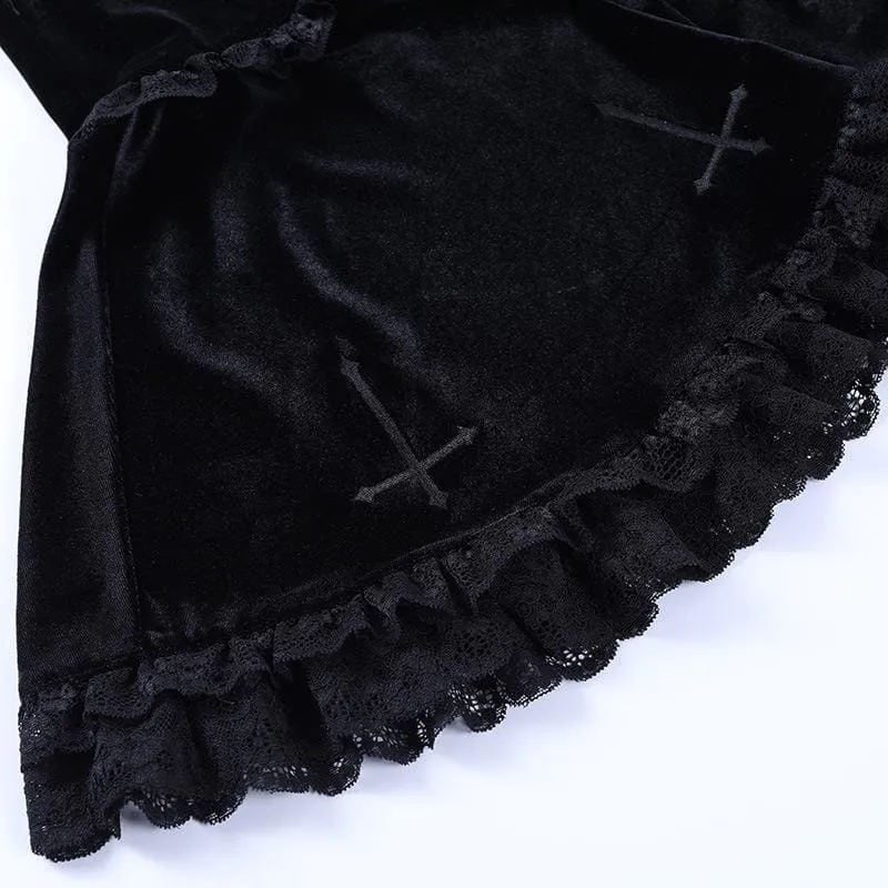 Cute Punk Cross Embroidery Lace Velvet Black Dress EE0912