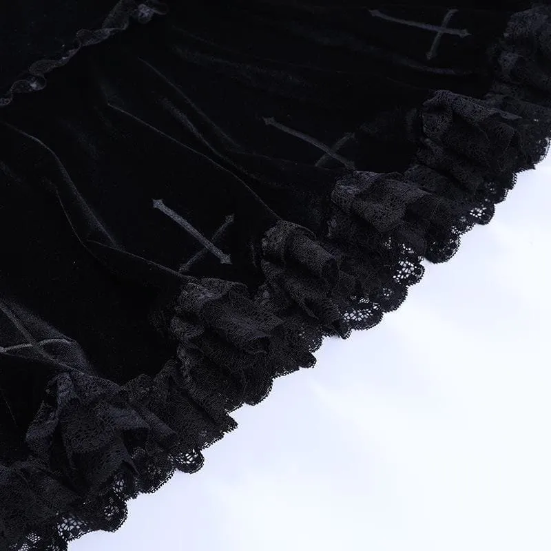 Cute Punk Cross Embroidery Lace Velvet Black Dress EE0912