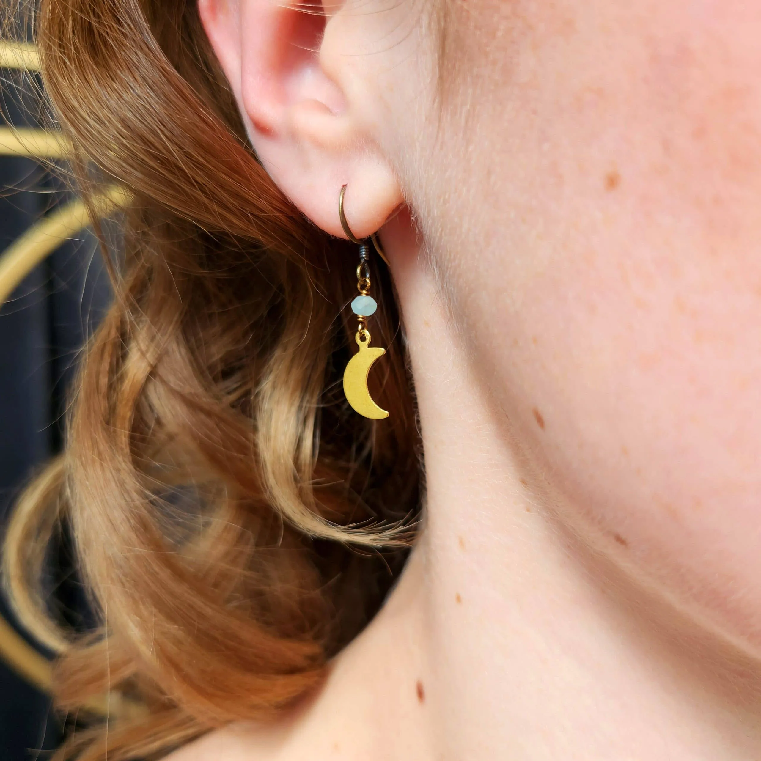 Dainty Seafoam Chalcedony Crescent Moon Earrings