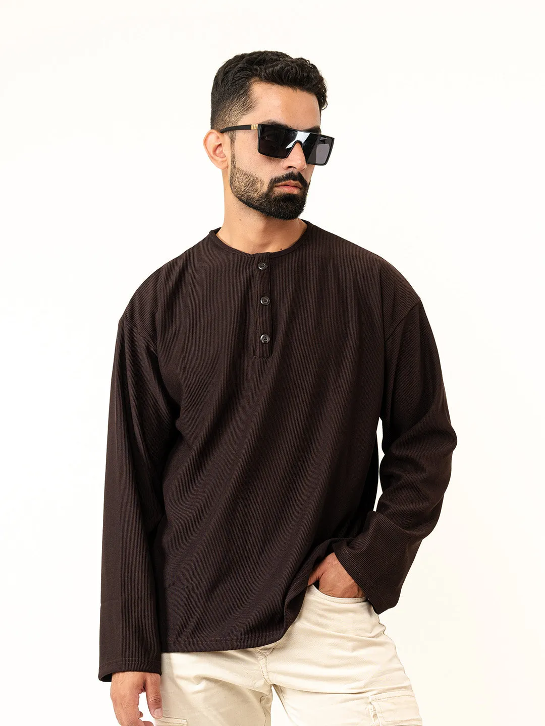 Dark Brown Cord Henley T-Shirt