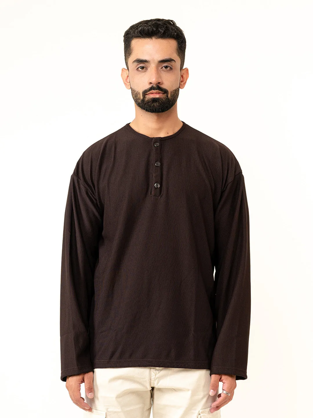Dark Brown Cord Henley T-Shirt