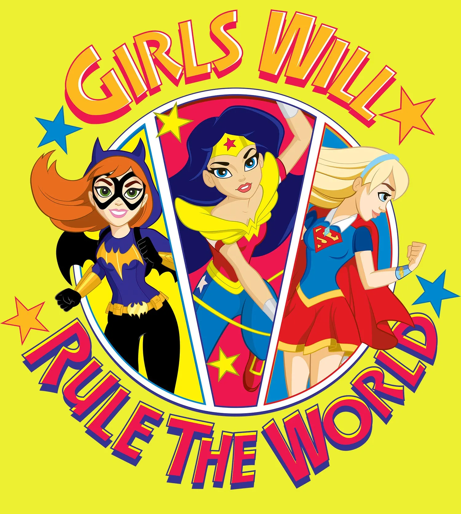 DC Super Hero Girls Batgirl Wonder Woman Supergirl Rule The World Official Kid's T-Shirt (Yellow)