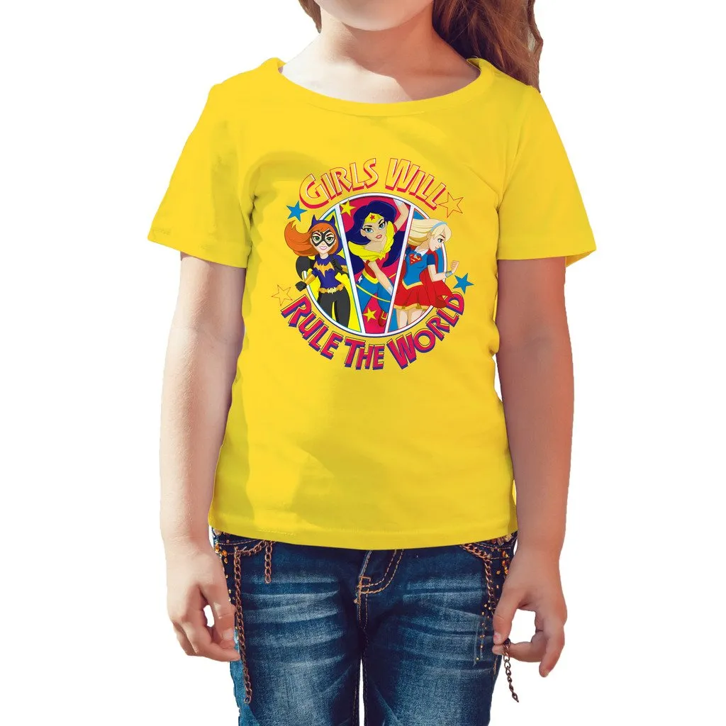 DC Super Hero Girls Batgirl Wonder Woman Supergirl Rule The World Official Kid's T-Shirt (Yellow)