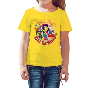 DC Super Hero Girls Batgirl Wonder Woman Supergirl Rule The World Official Kid's T-Shirt (Yellow)