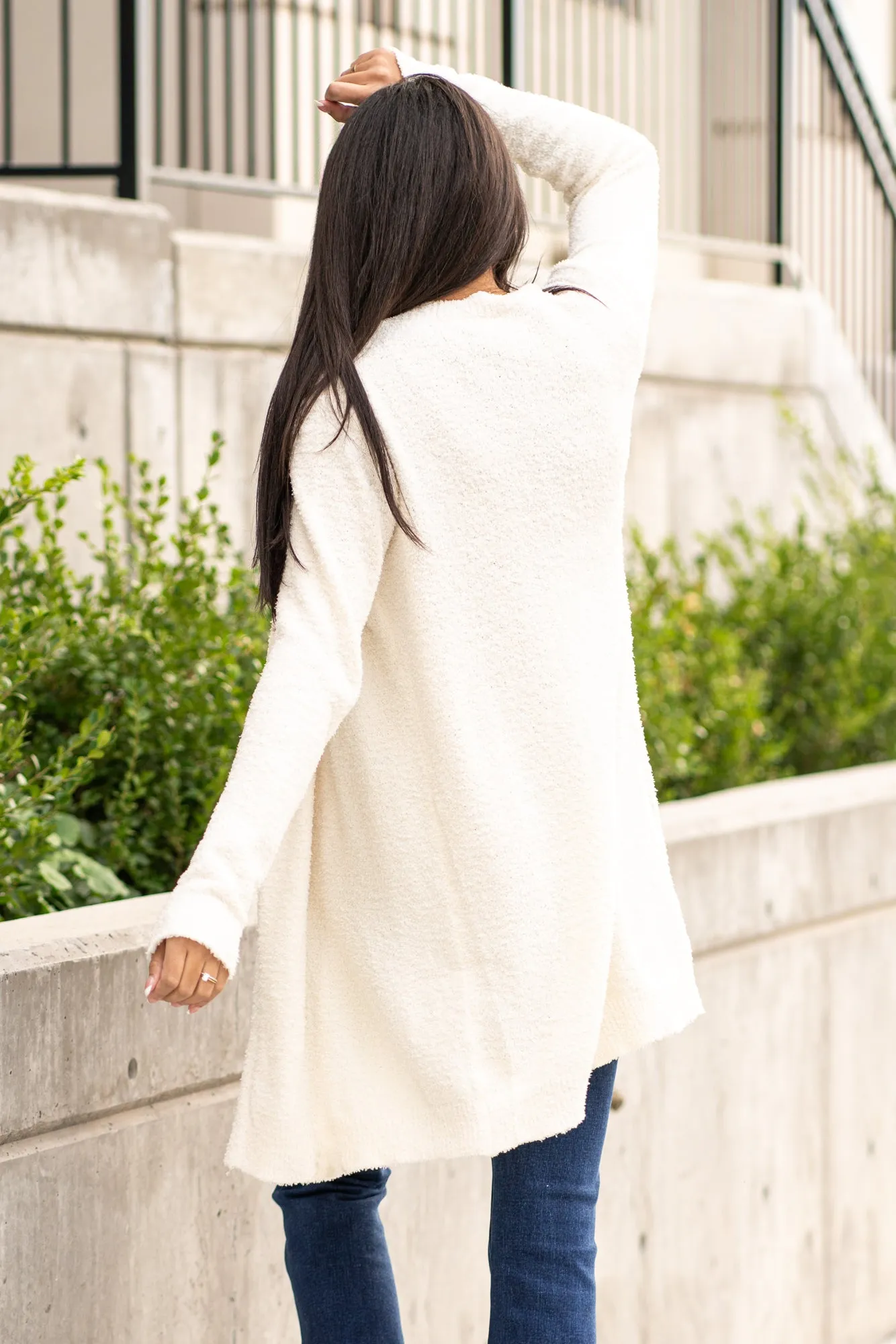 Drape Neck Fuzzy Open Cardigan Sweater