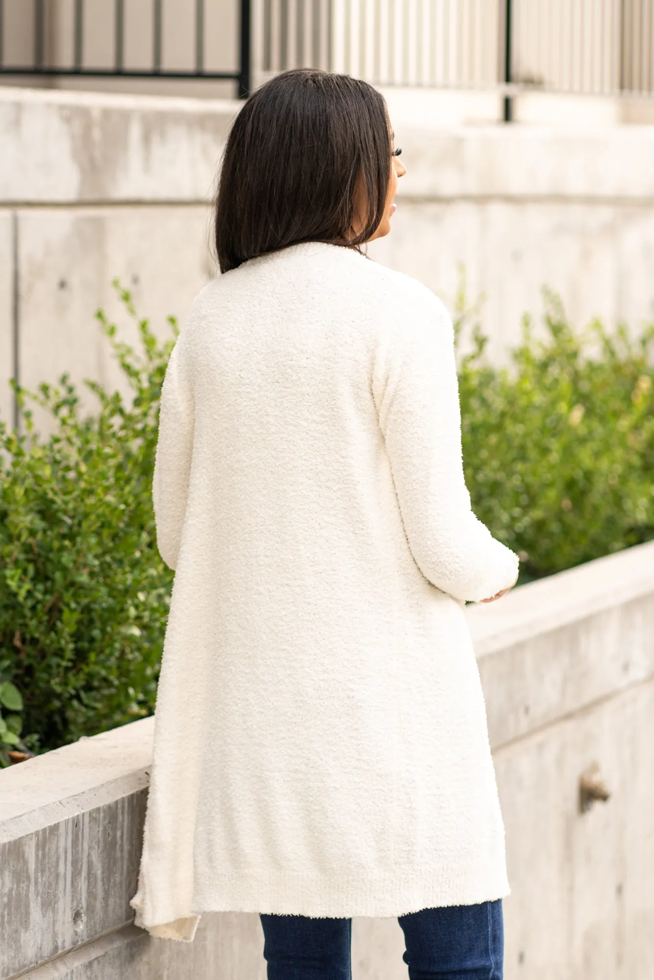 Drape Neck Fuzzy Open Cardigan Sweater