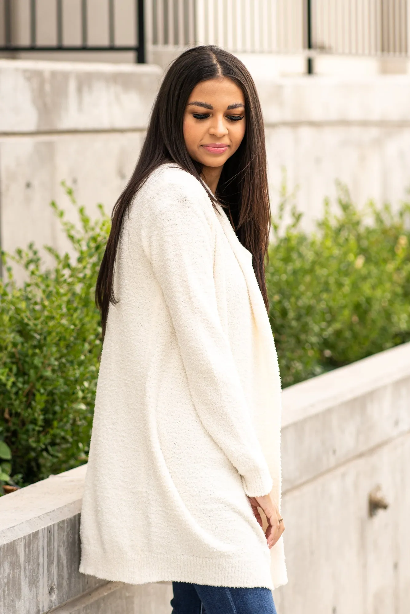 Drape Neck Fuzzy Open Cardigan Sweater