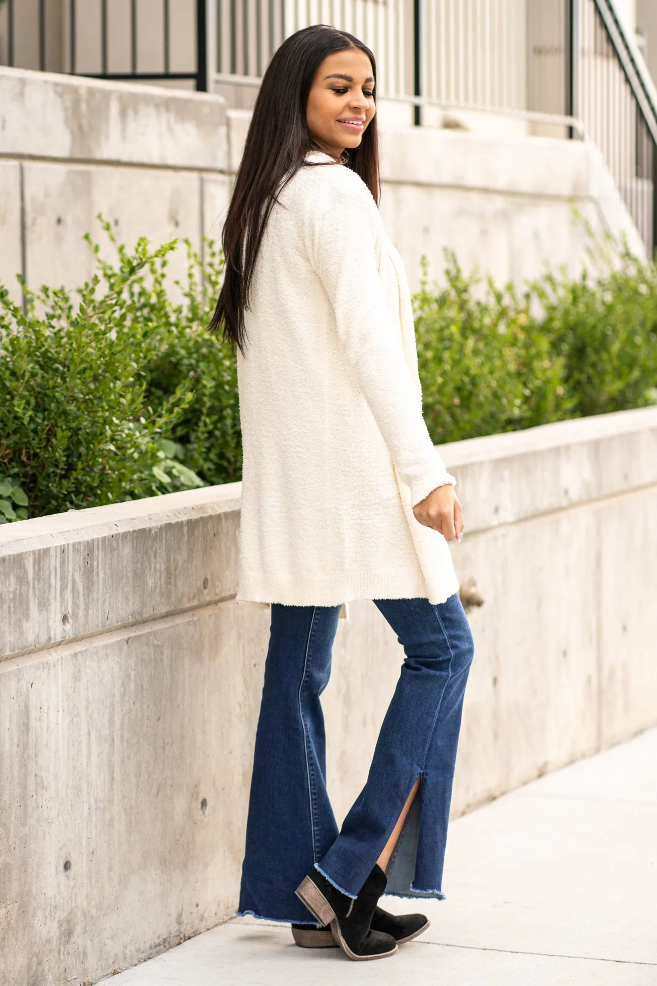 Drape Neck Fuzzy Open Cardigan Sweater