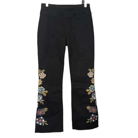 Driftwood Embroidered Floral Pull-on Stretch Black Jeans NWT Size 26