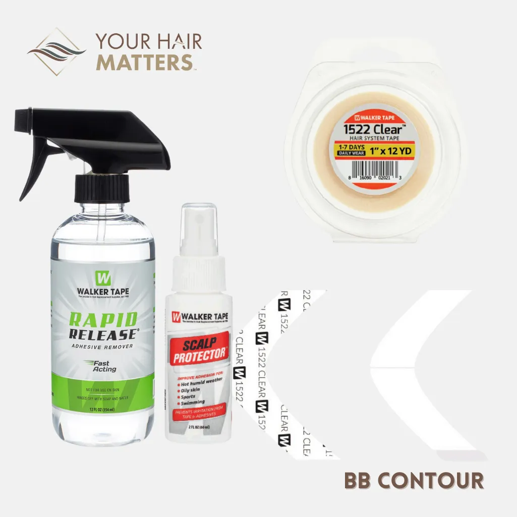 EASY INSTALL KIT *PLUS* - For Hair System DAILY WEAR with TAPE ROLL, 36 CONTOUR STRIPS, RAPID RELEASE SOLVENT, and SCALP PROTECTOR (WALKER)