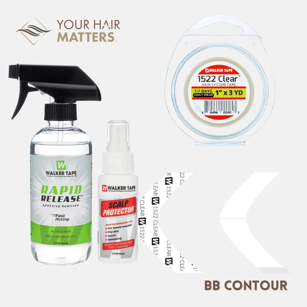 EASY INSTALL KIT *PLUS* - For Hair System DAILY WEAR with TAPE ROLL, 36 CONTOUR STRIPS, RAPID RELEASE SOLVENT, and SCALP PROTECTOR (WALKER)