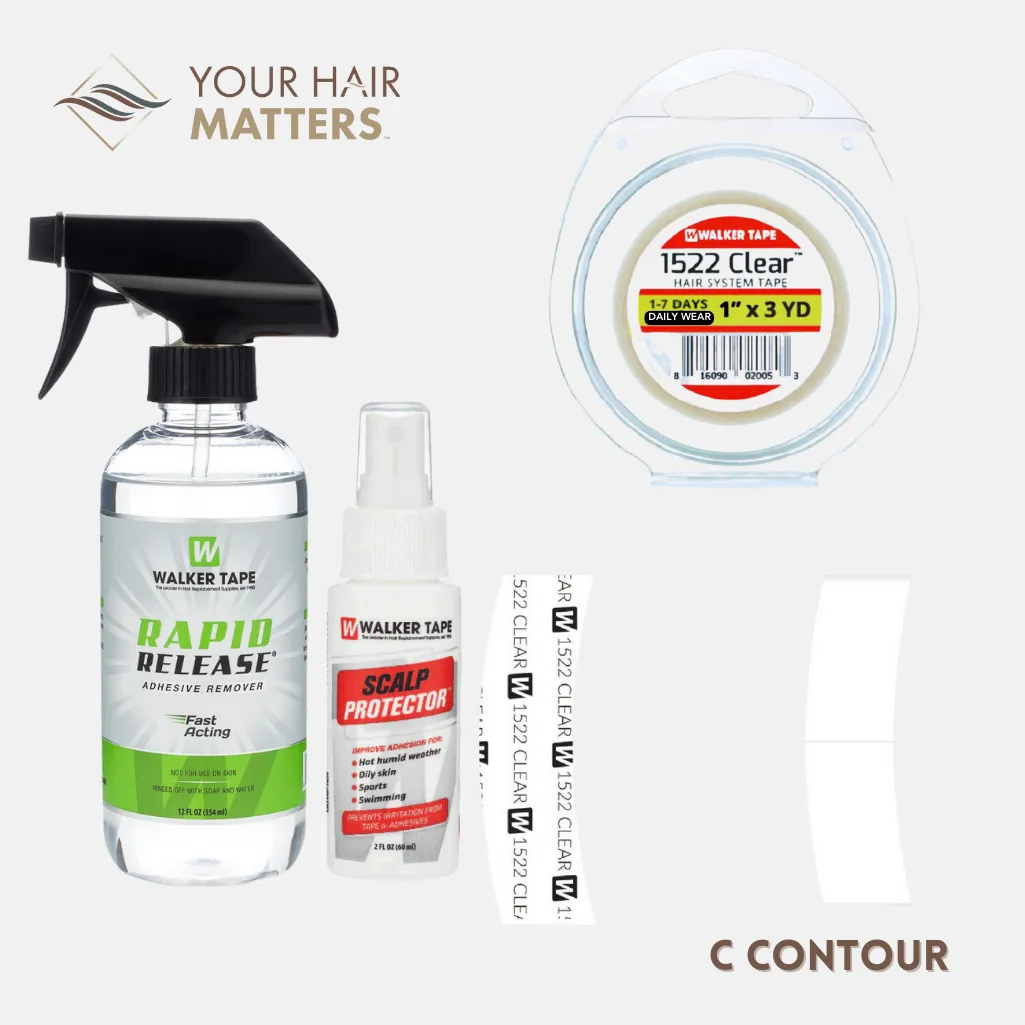 EASY INSTALL KIT *PLUS* - For Hair System DAILY WEAR with TAPE ROLL, 36 CONTOUR STRIPS, RAPID RELEASE SOLVENT, and SCALP PROTECTOR (WALKER)