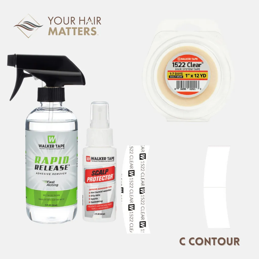 EASY INSTALL KIT *PLUS* - For Hair System DAILY WEAR with TAPE ROLL, 36 CONTOUR STRIPS, RAPID RELEASE SOLVENT, and SCALP PROTECTOR (WALKER)