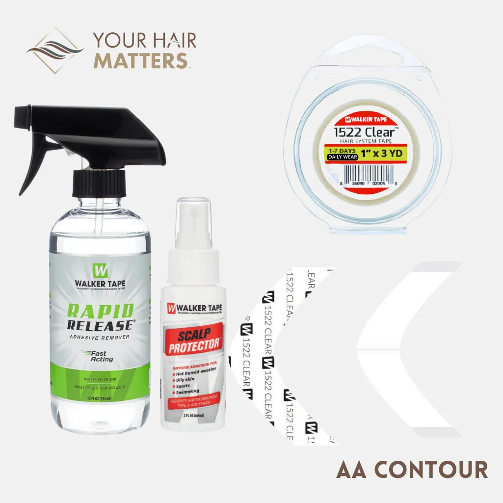 EASY INSTALL KIT *PLUS* - For Hair System DAILY WEAR with TAPE ROLL, 36 CONTOUR STRIPS, RAPID RELEASE SOLVENT, and SCALP PROTECTOR (WALKER)