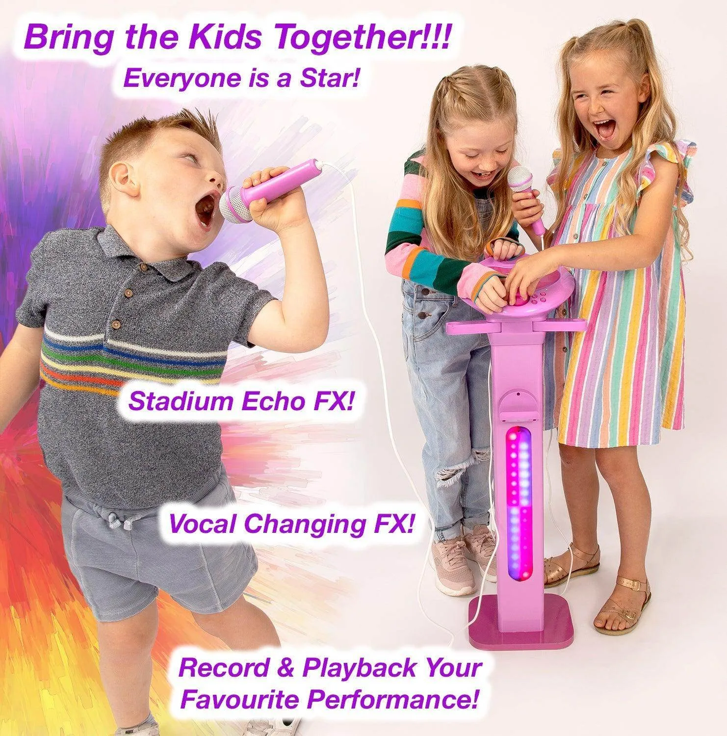Easy Karaoke Bluetooth® Kids Singalong Pedestal Karaoke Machine ~ Pink