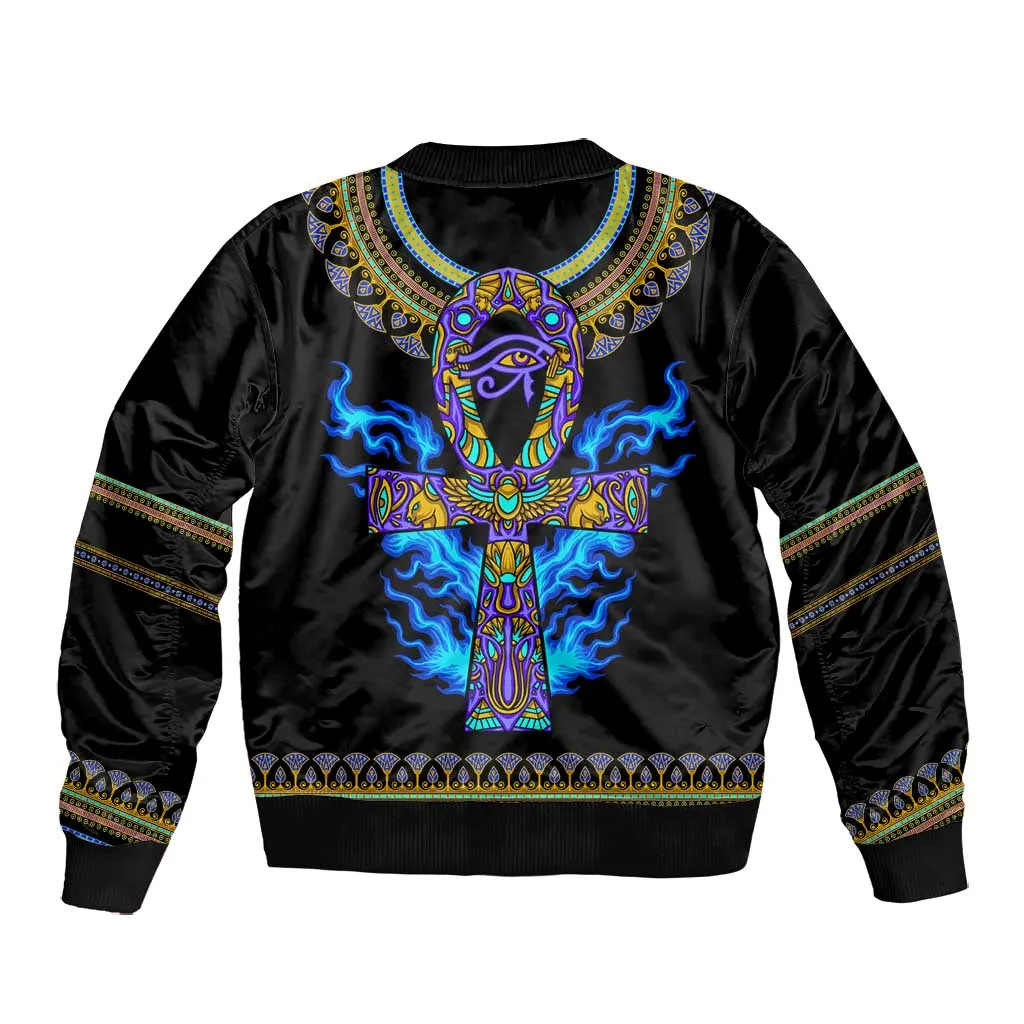 Egyptian Ankh Golden Blue Fire Bomber Jacket DT02