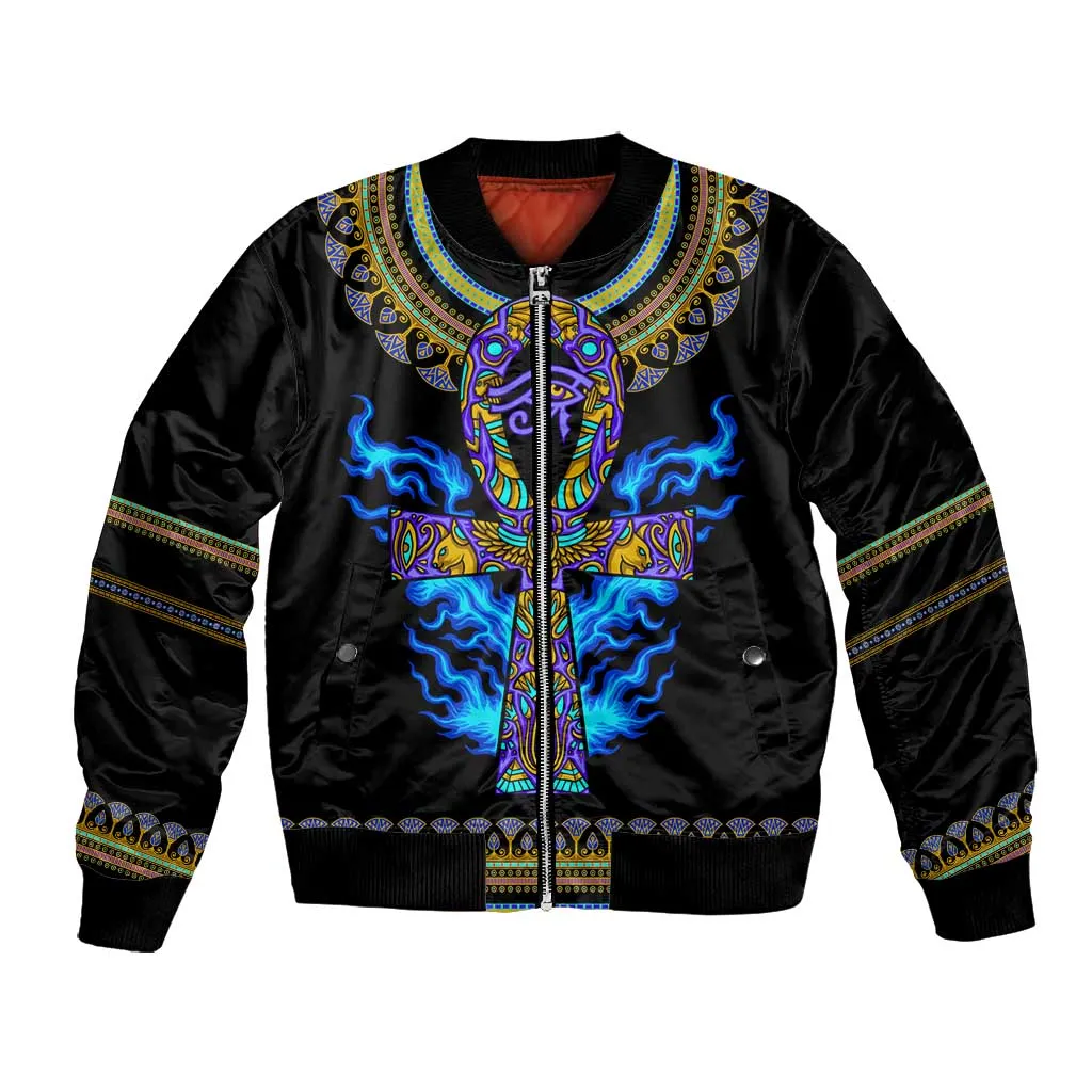 Egyptian Ankh Golden Blue Fire Bomber Jacket DT02